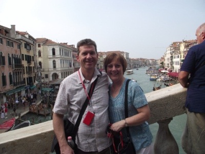 Rodney and Debra admire the view on the Rialto Bridge in Venice