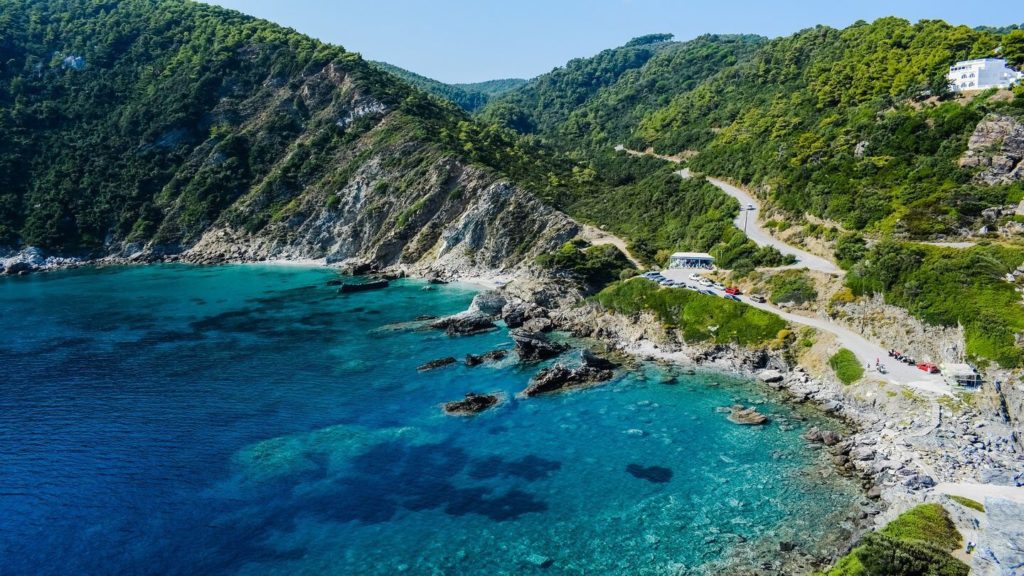 blue water mountains skopelos island greece