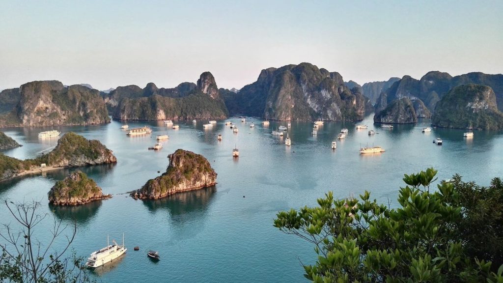 sailing boats limestone karsts halong bay vietnam