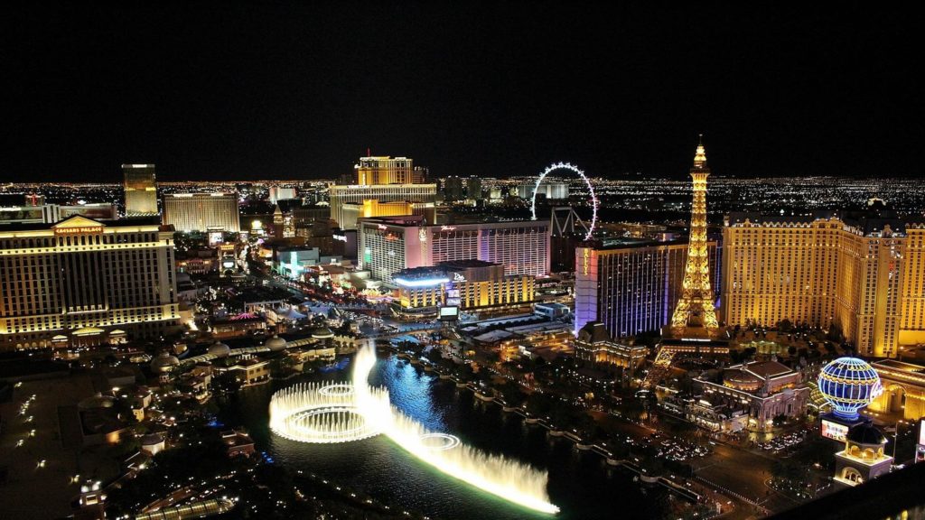 aerial view over Las Vegas illuminated at night
