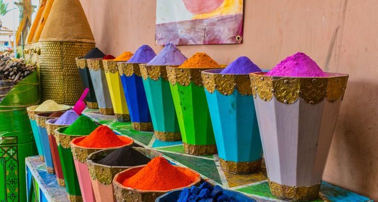 buckets of colourful powders Moroccan culture