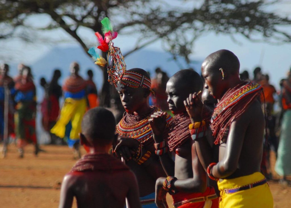 Samburu tribe boys dressed in traditional clothing Kenya
