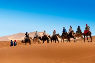 people riding camels in Sahara Desert Morocco