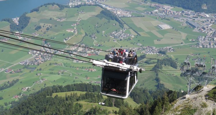 The Cabrio open-air cable car gliding over scenic lake views in Lucerne Switzerland