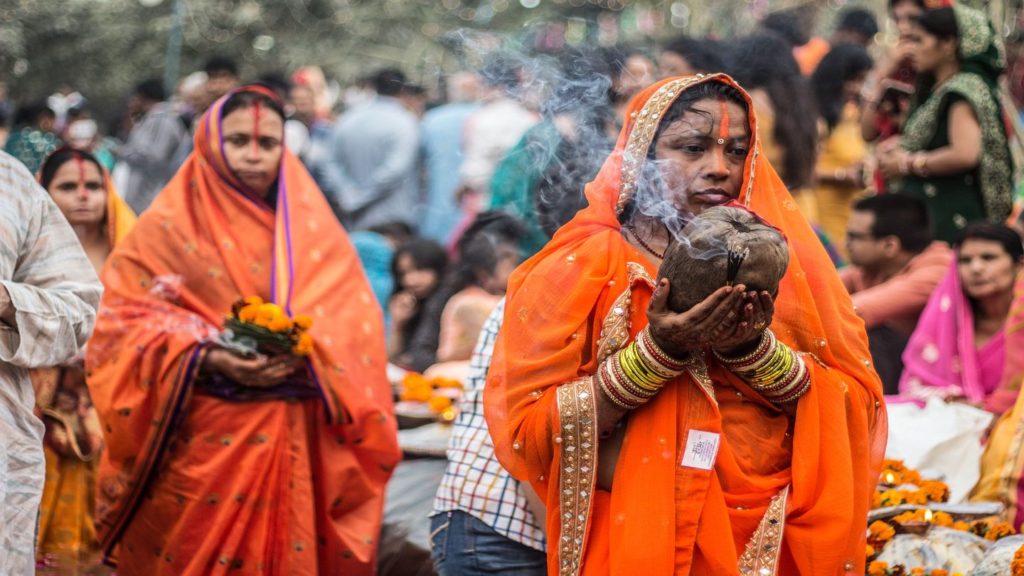 Hindu worshippers performing a sacred ritual