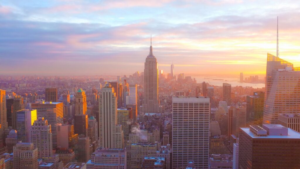 new york city skyline sunset
