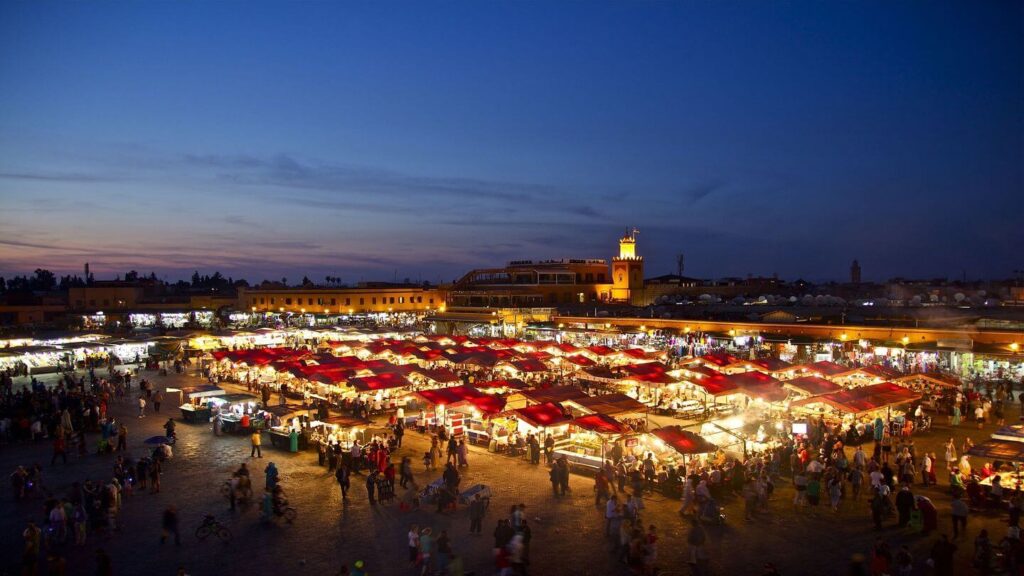 glowing night market in Morocco