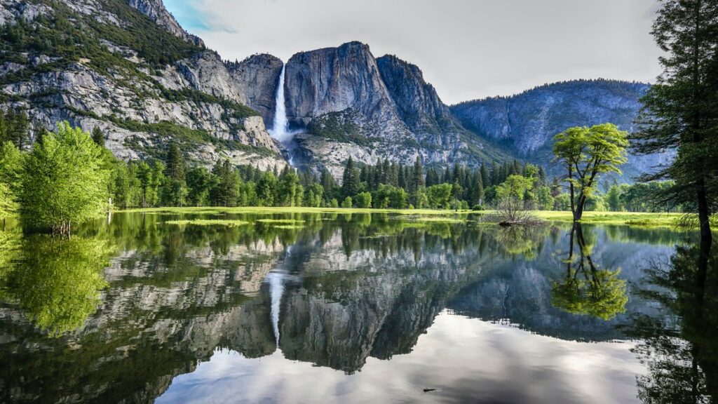waterfall lake mountains Yosemite National Park
