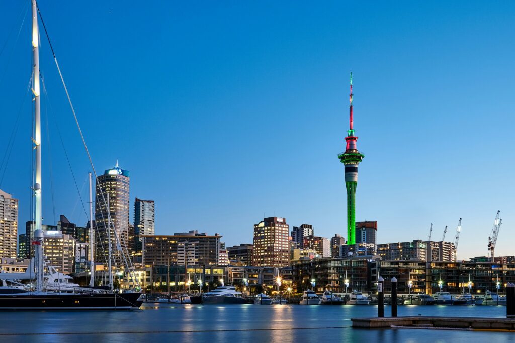 Auckland's city skyline at dusk taken from the harbour.