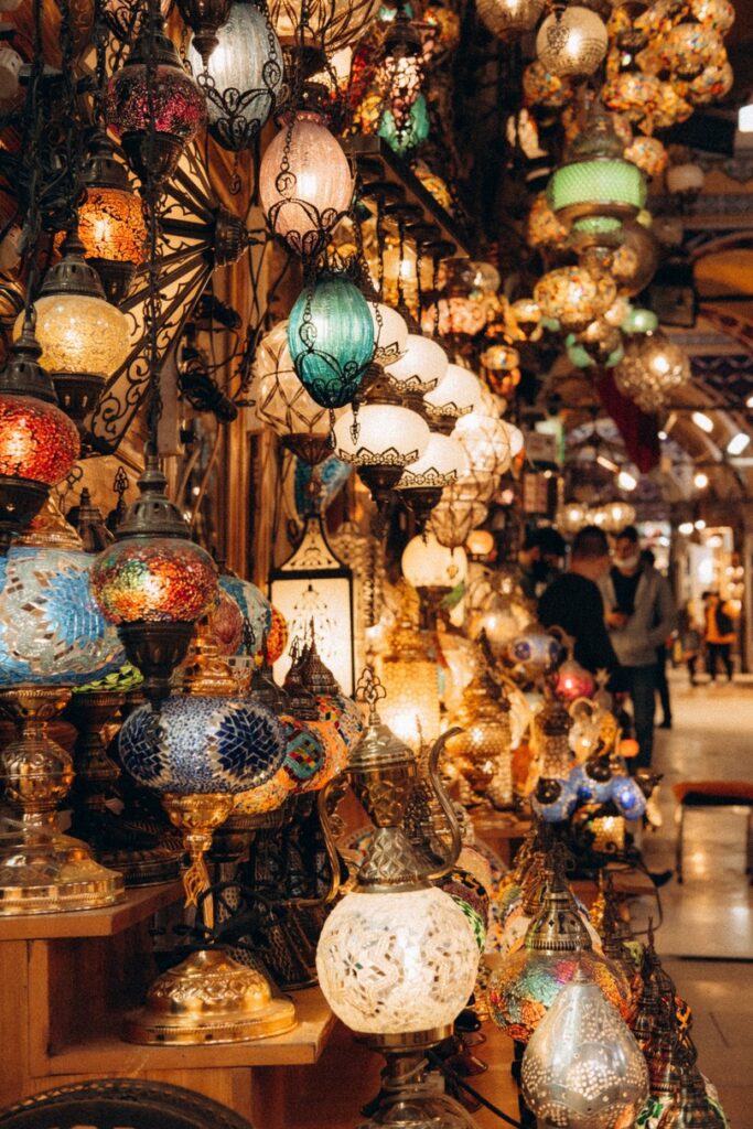 glowing lanterns in a market