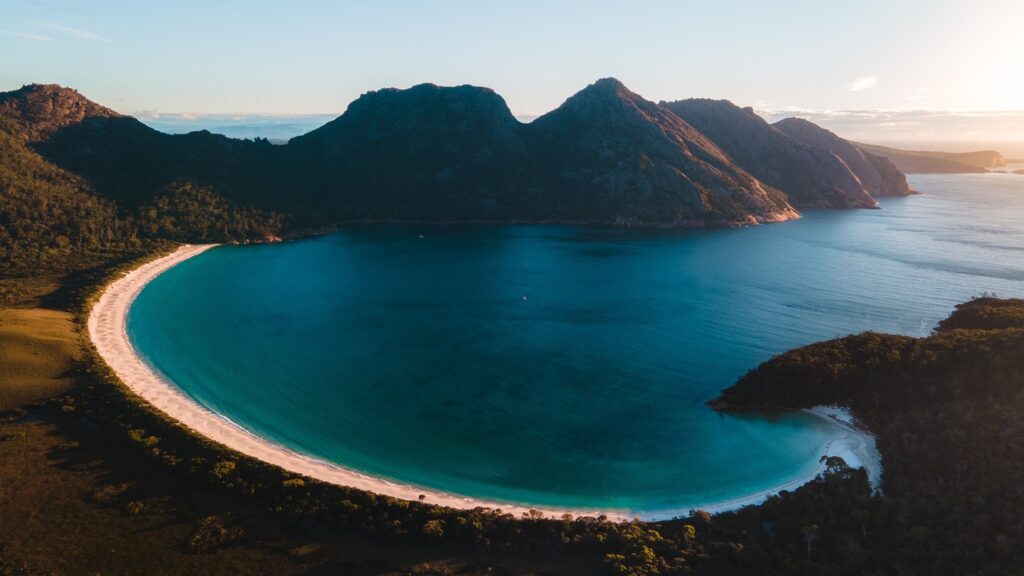 oceans beach mountains of Wineglass Bay Tasmania 