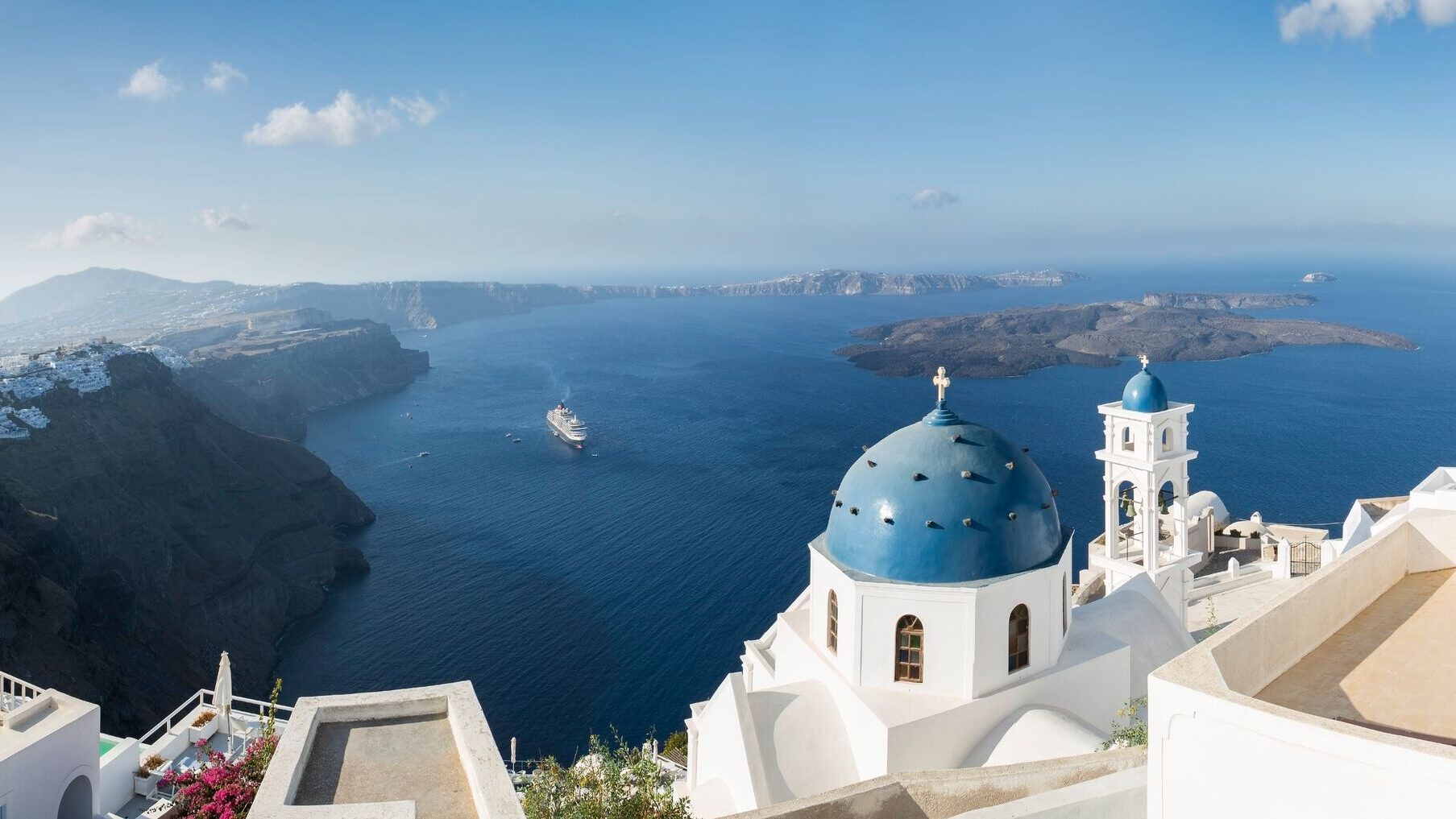 Aerial view of greek islands and cruise ship, Greece