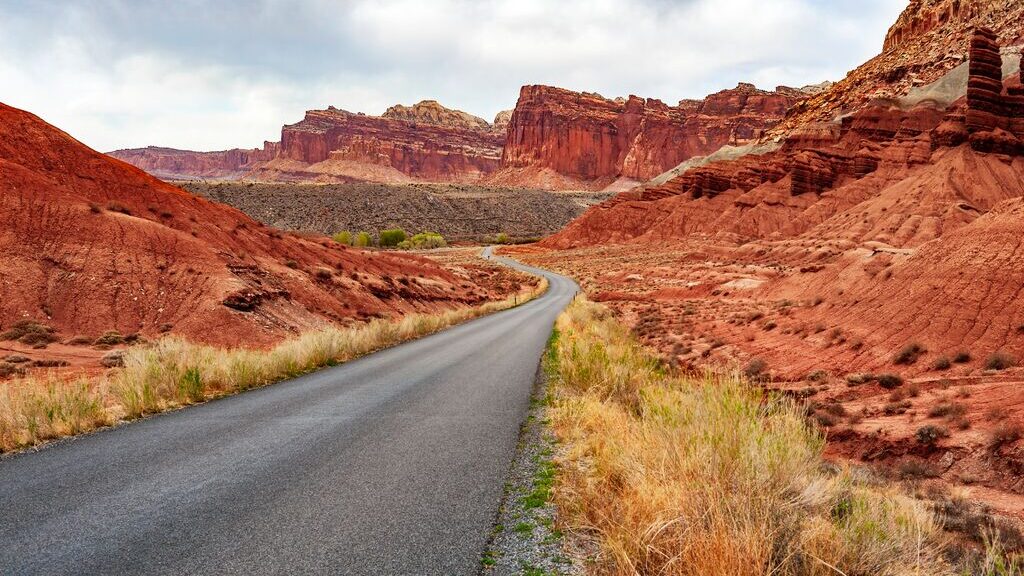 Open tarmac road in capital reef national park, Utah