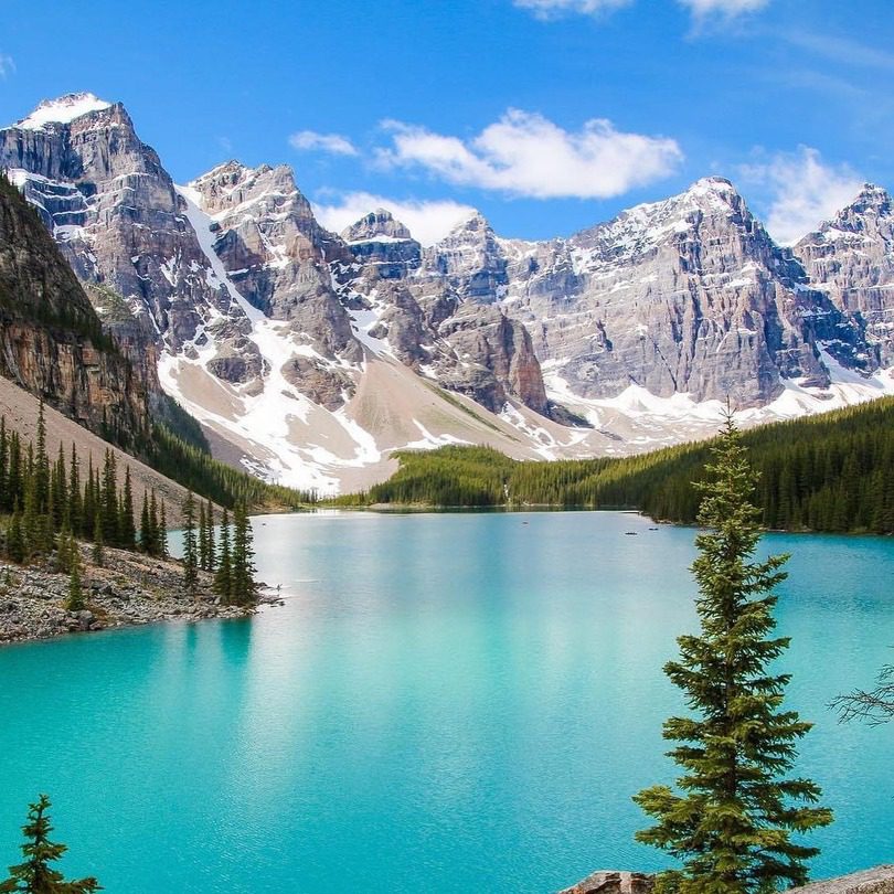 blue lake snowy mountains Canadian Rockies
