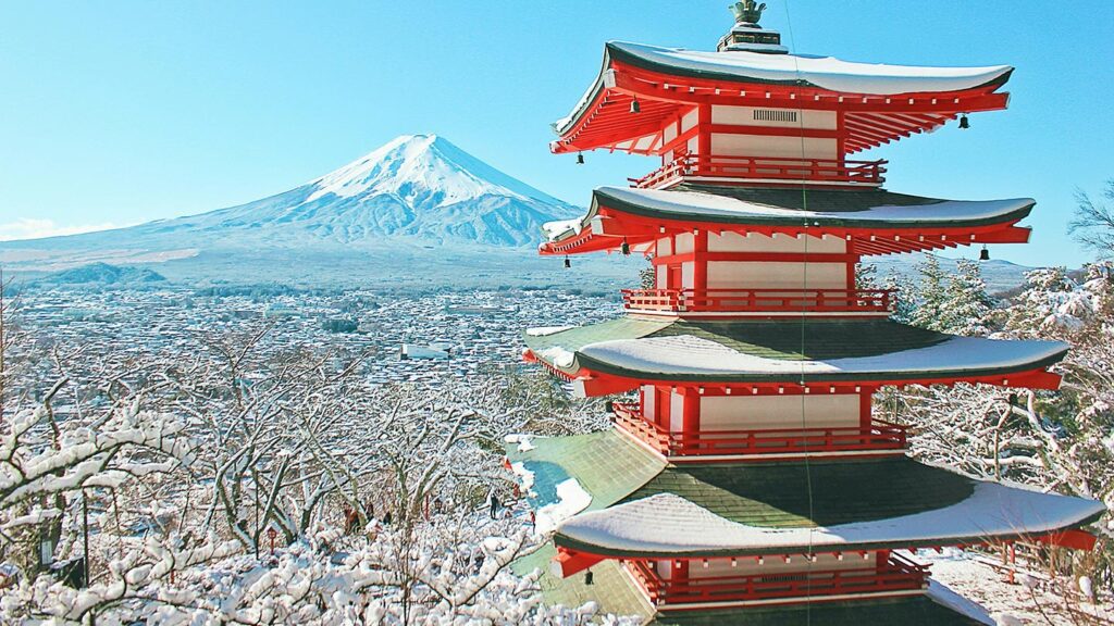 Temple in front of My Fuji during winter with snow on the ground
