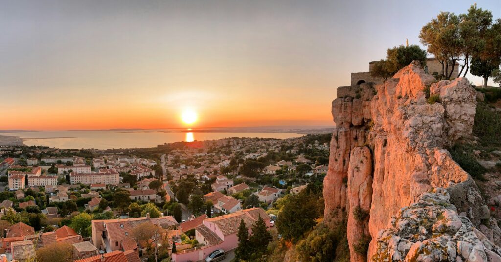 Sunset over a coastal town in the South of France