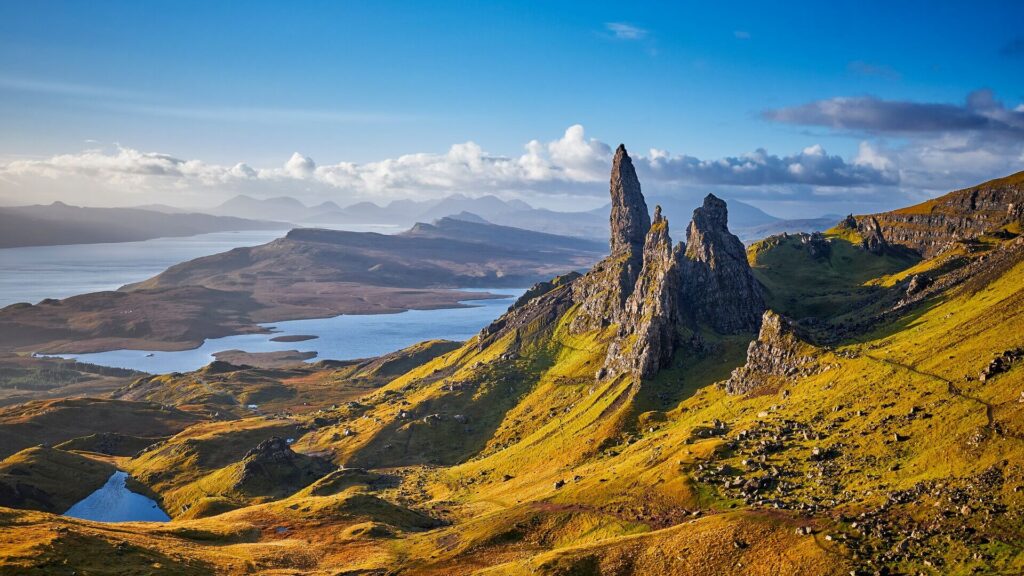 Large rocky outcrop in a rugged mountainous landscape