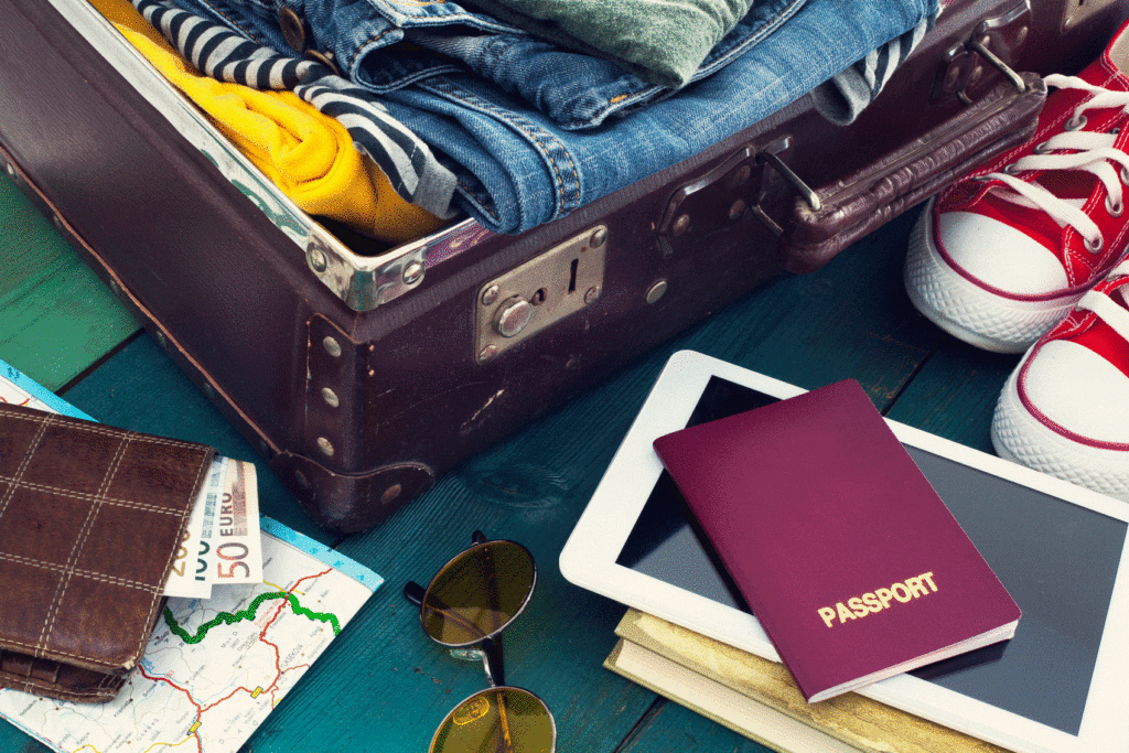 A suitcase with a pair of shoes, a pair of jeans, a pair of sneakers, a pair of flip flops.