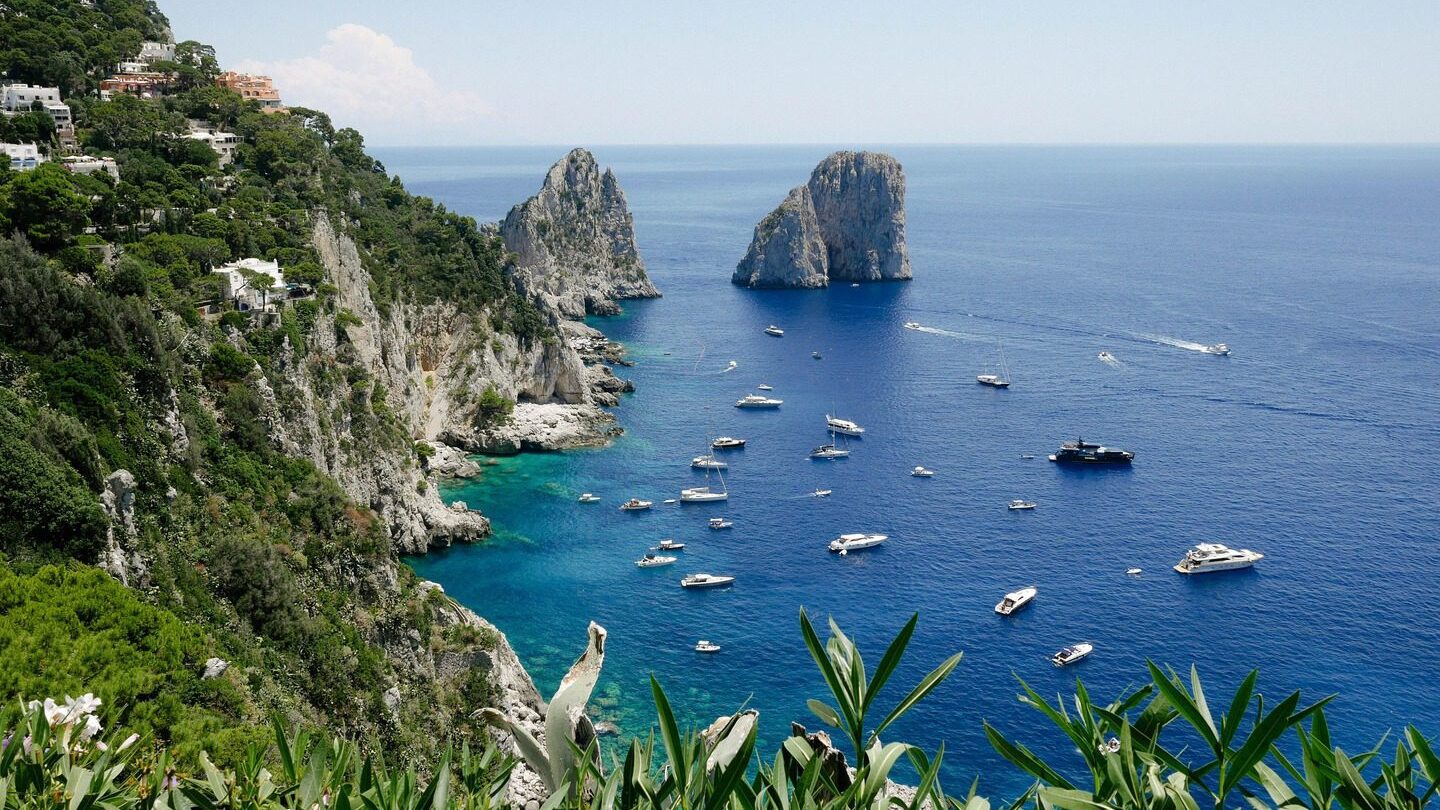 Yachts off the cliff on the Italian coast