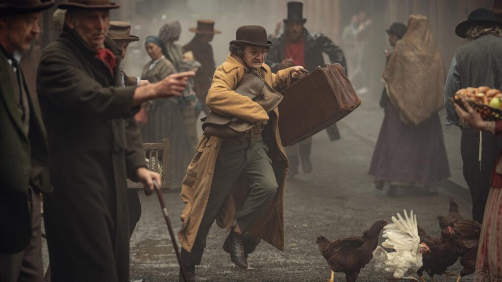 Woman running ddown a street in the House of Guinness series. Photograph: Ben Blackall/Netflix